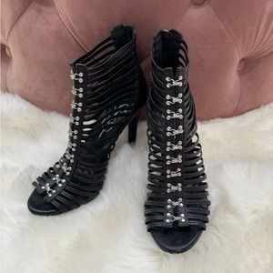 Black Leather Cage Heels